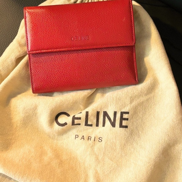 Celine Handbags - EUC - Celine Women's Red Leather Trifold Compact Wallet with Card Slots